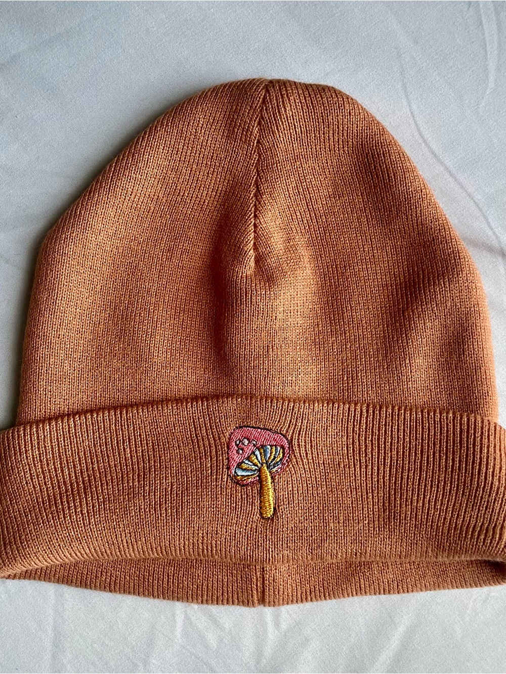 Orange Rustic Brown Beanie with Mushroom Embroidery One Size Unisex